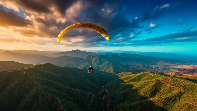 Vol en parapente tandem au-dessus des montagnes vertes près de Rabat au coucher du soleil